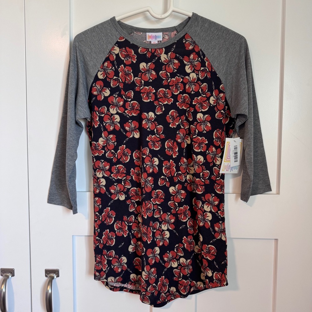 NWT LuLaRoe Randy Women's Size XS Navy Blue‎ with Orange Floral Print Raglan Top